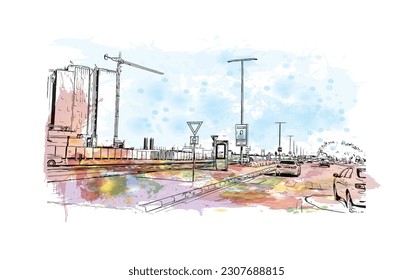 Building view with landmark of Ras Al Khaimah is the city in United Arab Emirates. Watercolor splash with hand drawn sketch illustration in vector.