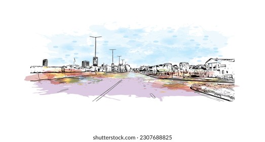 Building view with landmark of Ras Al Khaimah is the city in United Arab Emirates. Watercolor splash with hand drawn sketch illustration in vector.