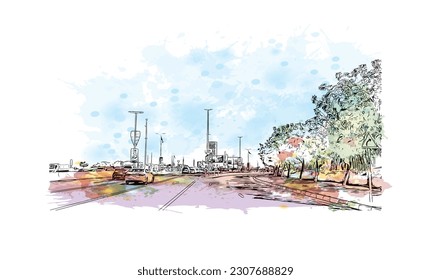 Building view with landmark of Ras Al Khaimah is the city in United Arab Emirates. Watercolor splash with hand drawn sketch illustration in vector.