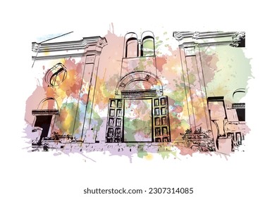 Building view with landmark of  Ravello is the town in Italy. Watercolor splash with hand drawn sketch illustration in vector.