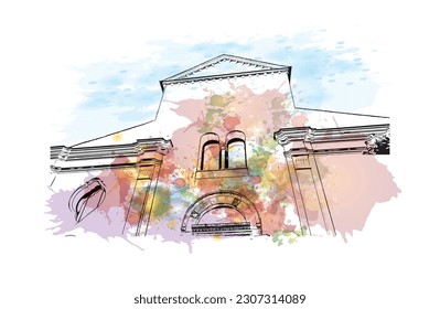 Building view with landmark of  Ravello is the town in Italy. Watercolor splash with hand drawn sketch illustration in vector.