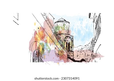 Building view with landmark of  Ravello is the town in Italy. Watercolor splash with hand drawn sketch illustration in vector.