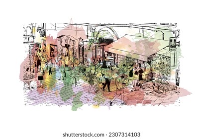 Building view with landmark of  Ravello is the town in Italy. Watercolor splash with hand drawn sketch illustration in vector.