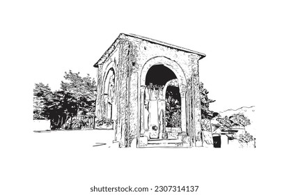 Building view with landmark of  Ravello is the town in Italy. Hand drawn sketch illustration in vector.