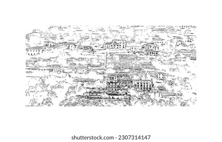 Building view with landmark of  Ravello is the town in Italy. Hand drawn sketch illustration in vector.