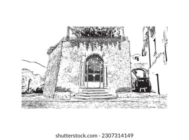 Building view with landmark of  Ravello is the town in Italy. Hand drawn sketch illustration in vector.