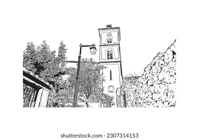 Building view with landmark of  Ravello is the town in Italy. Hand drawn sketch illustration in vector.