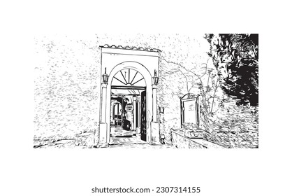 Building view with landmark of  Ravello is the town in Italy. Hand drawn sketch illustration in vector.