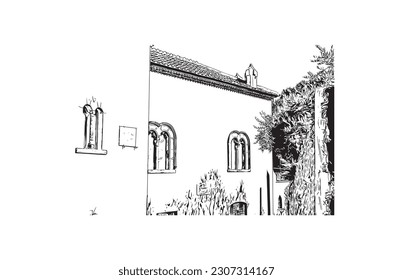 Building view with landmark of  Ravello is the town in Italy. Hand drawn sketch illustration in vector.