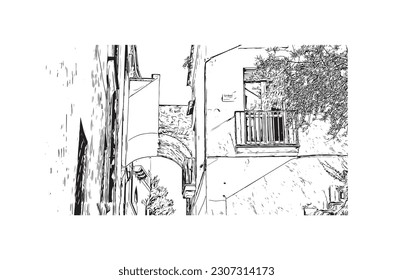 Building view with landmark of  Ravello is the town in Italy. Hand drawn sketch illustration in vector.