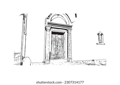 Building view with landmark of  Ravello is the town in Italy. Hand drawn sketch illustration in vector.