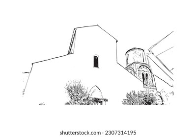 Building view with landmark of  Ravello is the town in Italy. Hand drawn sketch illustration in vector.