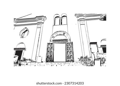 Building view with landmark of  Ravello is the town in Italy. Hand drawn sketch illustration in vector.