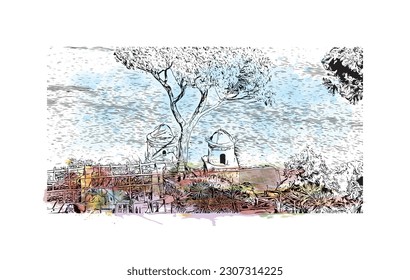 Building view with landmark of  Ravello is the town in Italy. Watercolor splash with hand drawn sketch illustration in vector.