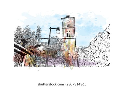 Building view with landmark of  Ravello is the town in Italy. Watercolor splash with hand drawn sketch illustration in vector.