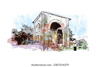 Building view with landmark of  Ravello is the town in Italy. Watercolor splash with hand drawn sketch illustration in vector.