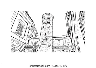 Building view with landmark of Ravenna is a city in Emilia-Romagna, Italy. Hand drawn sketch illustration in vector.