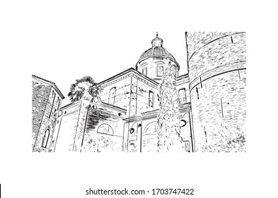 Building view with landmark of Ravenna is a city in Emilia-Romagna, Italy. Hand drawn sketch illustration in vector.