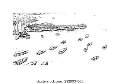 Building view with landmark of Rayong is the city in Thailand. 
Hand drawn sketch illustration in vector.