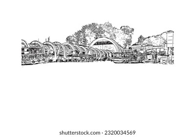 Construir vistas con el punto de referencia de Rayong es la ciudad de Tailandia. 
Dibujo a mano de ilustración de esbozo en vector.