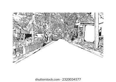Building view with landmark of Rayong is the city in Thailand. 
Hand drawn sketch illustration in vector.