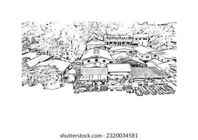 Building view with landmark of Rayong is the city in Thailand. 
Hand drawn sketch illustration in vector.