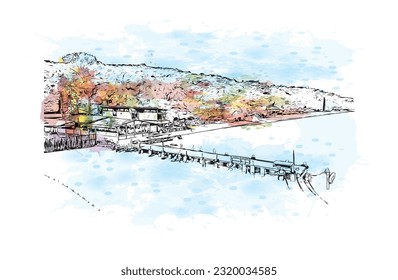 Building view with landmark of Rayong is the city in Thailand. 
Watercolor splash with hand drawn sketch illustration in vector.