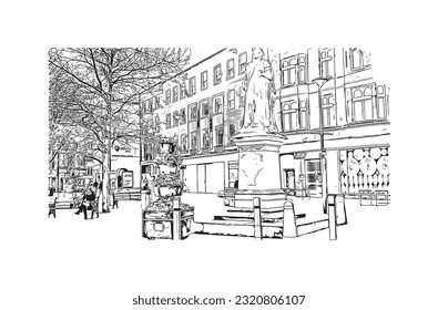 Building view with landmark of  Reading is the town in England.
Hand drawn sketch illustration in vector.