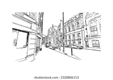 Building view with landmark of  Reading is the town in England.
Hand drawn sketch illustration in vector.