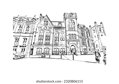 Building view with landmark of  Reading is the town in England.
Hand drawn sketch illustration in vector.