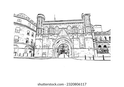 Building view with landmark of  Reading is the town in England.
Hand drawn sketch illustration in vector.