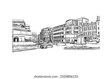 Building view with landmark of  Reading is the town in England.
Hand drawn sketch illustration in vector.