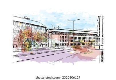 Building view with landmark of  Reading is the town in England.
Watercolor splash with hand drawn sketch illustration in vector.