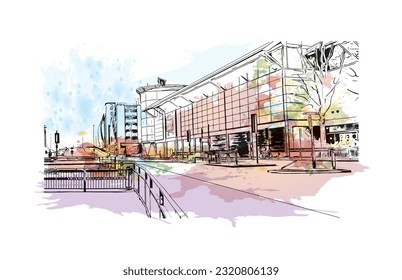 Building view with landmark of  Reading is the town in England.
Watercolor splash with hand drawn sketch illustration in vector.