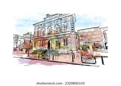 Building view with landmark of  Reading is the town in England.
Watercolor splash with hand drawn sketch illustration in vector.