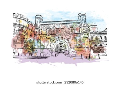 La ciudad de Inglaterra ofrece vistas panorámicas a la lectura.
Salto de color de agua con ilustración de esbozo dibujada a mano en vector.