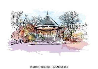Building view with landmark of  Reading is the town in England.
Watercolor splash with hand drawn sketch illustration in vector.