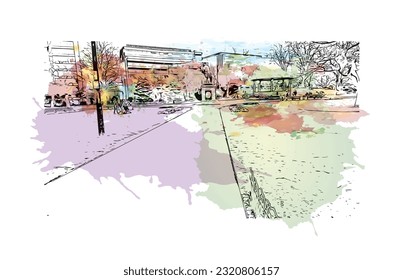 Building view with landmark of  Reading is the town in England.
Watercolor splash with hand drawn sketch illustration in vector.