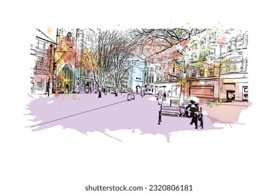 Building view with landmark of  Reading is the town in England.
Watercolor splash with hand drawn sketch illustration in vector.
