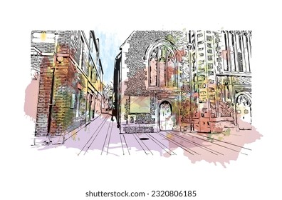 Building view with landmark of  Reading is the town in England.
Watercolor splash with hand drawn sketch illustration in vector.