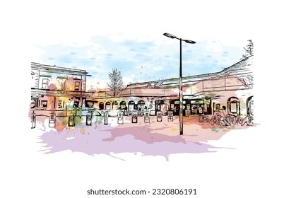 Building view with landmark of  Reading is the town in England.
Watercolor splash with hand drawn sketch illustration in vector.