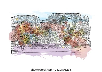 La ciudad de Inglaterra ofrece vistas panorámicas a la lectura.
Salto de color de agua con ilustración de esbozo dibujada a mano en vector.
