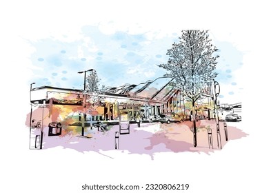 Building view with landmark of  Reading is the town in England.
Watercolor splash with hand drawn sketch illustration in vector.