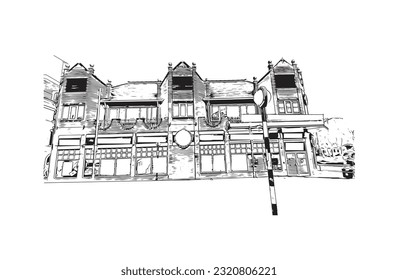 Building view with landmark of  Reading is the town in England.
Hand drawn sketch illustration in vector.