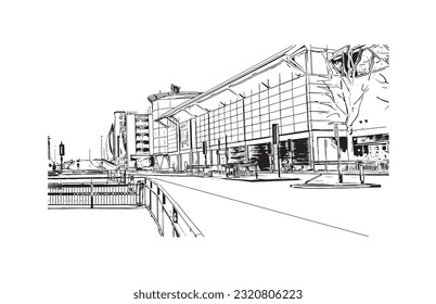 Building view with landmark of  Reading is the town in England.
Hand drawn sketch illustration in vector.