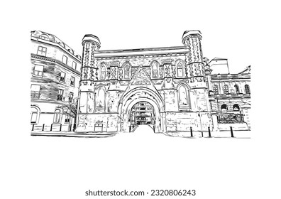 La ciudad de Inglaterra ofrece vistas panorámicas a la lectura.
Dibujo a mano de ilustración de esbozo en vector.