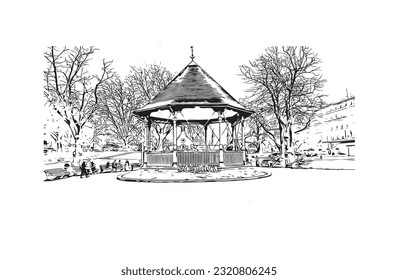La ciudad de Inglaterra ofrece vistas panorámicas a la lectura.
Dibujo a mano de ilustración de esbozo en vector.