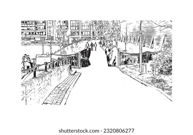 Building view with landmark of  Reading is the town in England.
Hand drawn sketch illustration in vector.