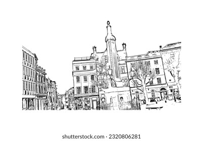 Building view with landmark of  Reading is the town in England.
Hand drawn sketch illustration in vector.