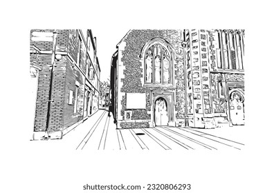 Building view with landmark of  Reading is the town in England.
Hand drawn sketch illustration in vector.
